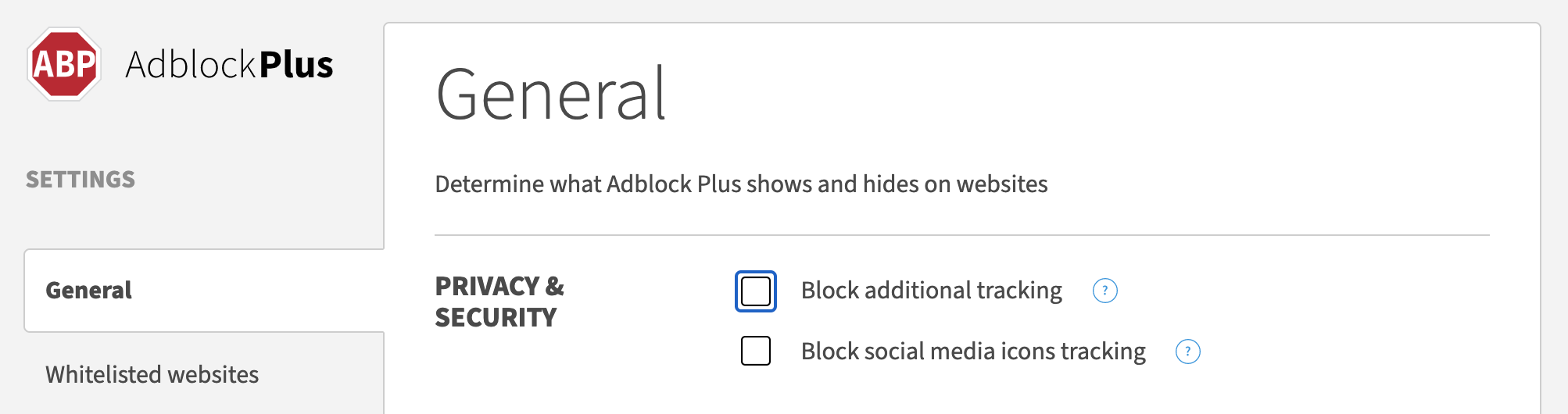 A screenshot of the settings page, for AdblockPlus, showing an unchecked checkbox labelled 'Block additional tracking'
