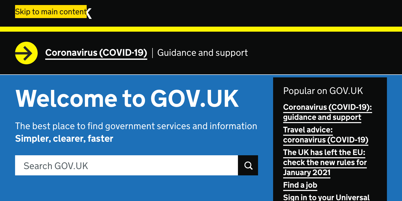 An example of a skip link, with the text 'Skip to main content' in the header of the GOV.UK homepage.